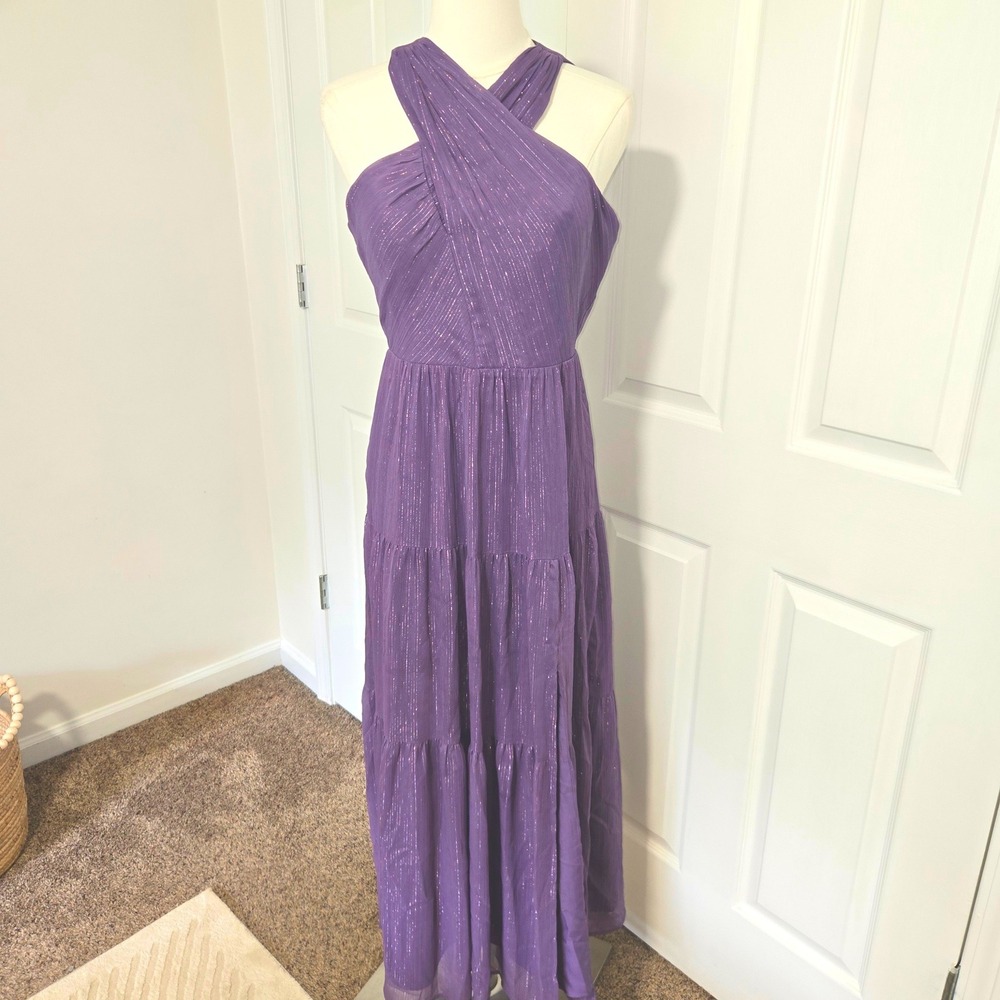 Nicole Miller New York Maxi Dress Womens 4 Purple Metallic Pinstripe Tiered